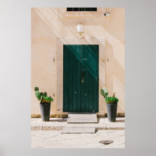 GRÜNE CACTUS-PFLANZE IN DER NÄHE DER GRÜNEN TÜR POSTER