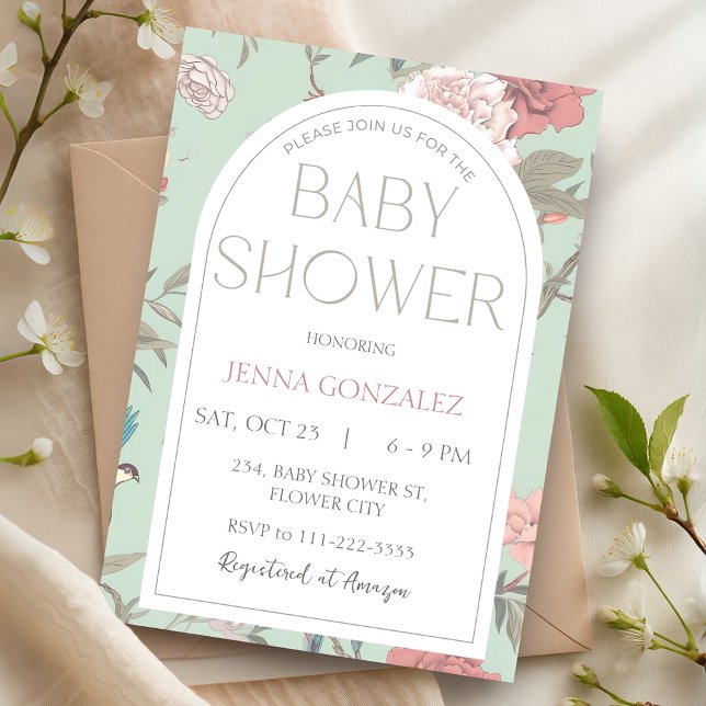 Grüne Chinoiserie Botanische Babydusche Einladung (Sage Green Chinoiserie Botanical Baby Shower Invitation)