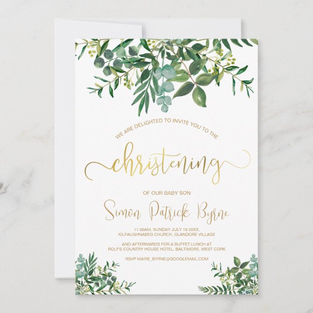 Grüne Christening Ankündigung Gold Script (Vorderseite)
