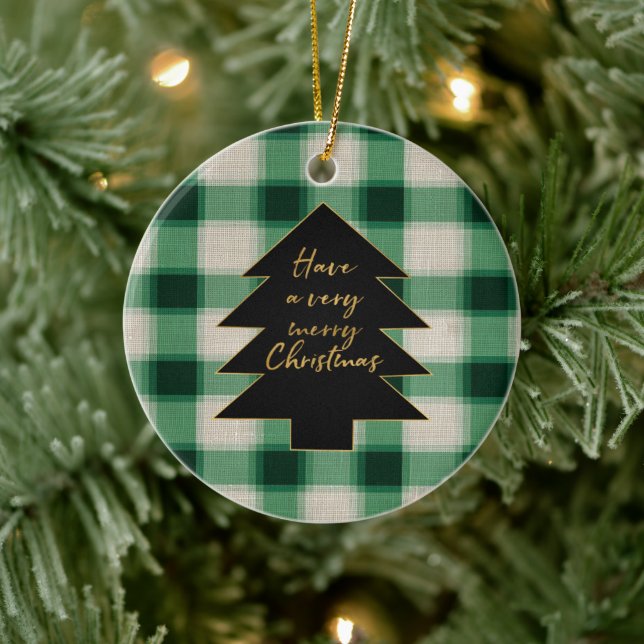 Grüne Creme Karierter Weihnachtsbaum Keramik Ornament (Baum)