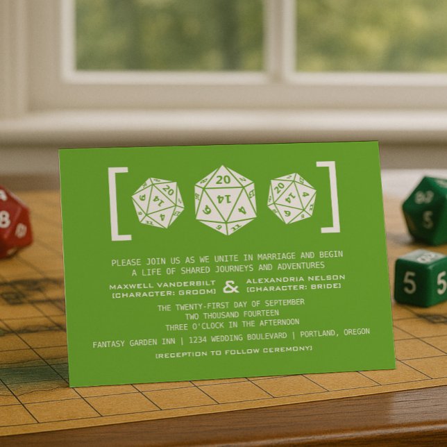Grüne D20-Würfel für Hochzeiten Einladung (Green D20 Dice Gamer Wedding Invitation)