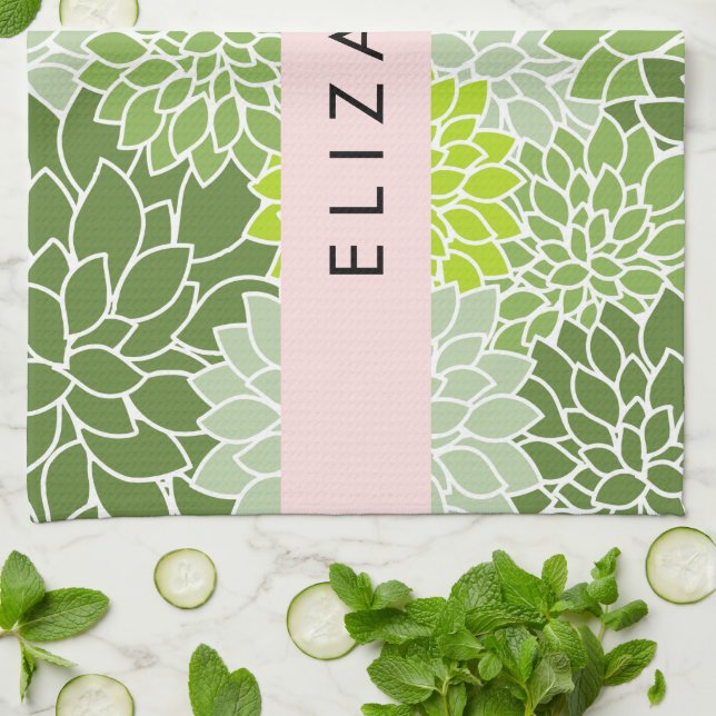 Grüne Dahlia-Blume, Blumenmuster, Ihr Name Geschirrtuch (Gefaltet)