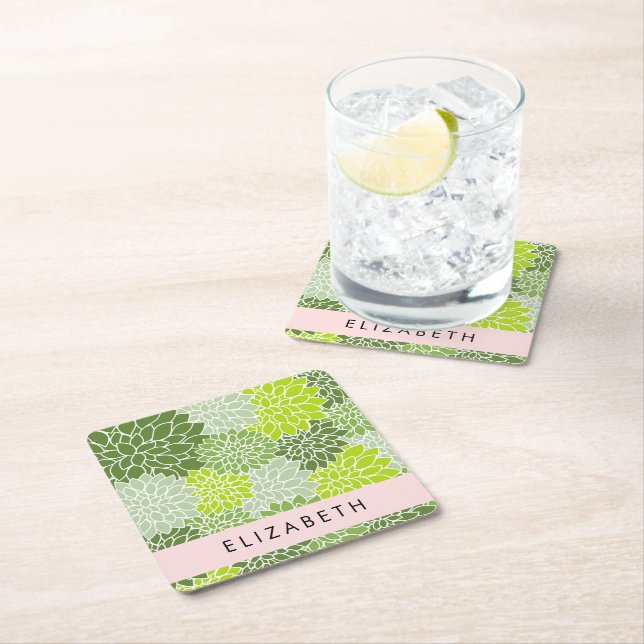 Grüne Dahlia-Blume, Blumenmuster, Ihr Name Rechteckiger Pappuntersetzer (Vor Ort)
