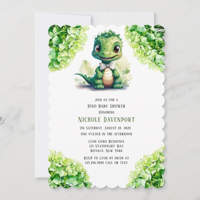 Grüne Dinosaurier Blumengeschlecht Neutrale Babydu Einladung (Vorderseite)