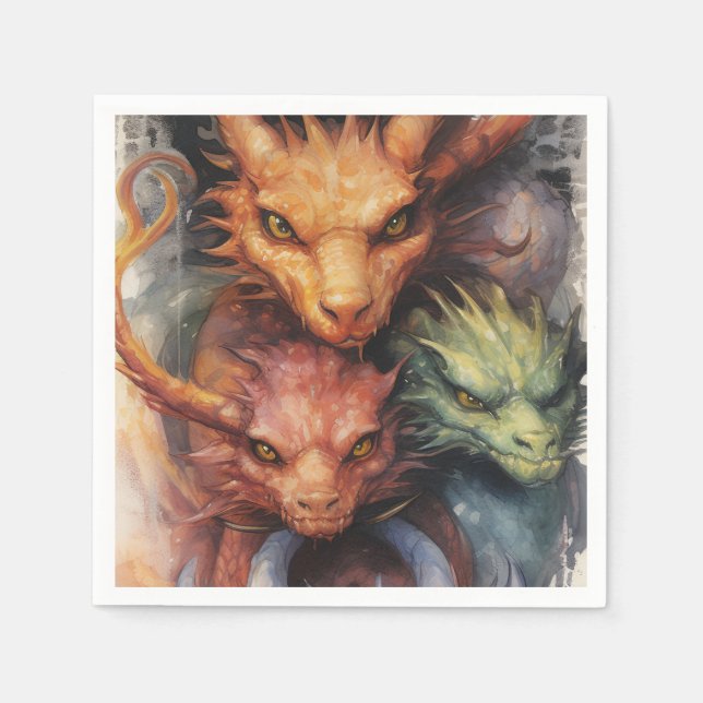 Grüne Drachen in Rot-Orange Serviette (Vorderseite)