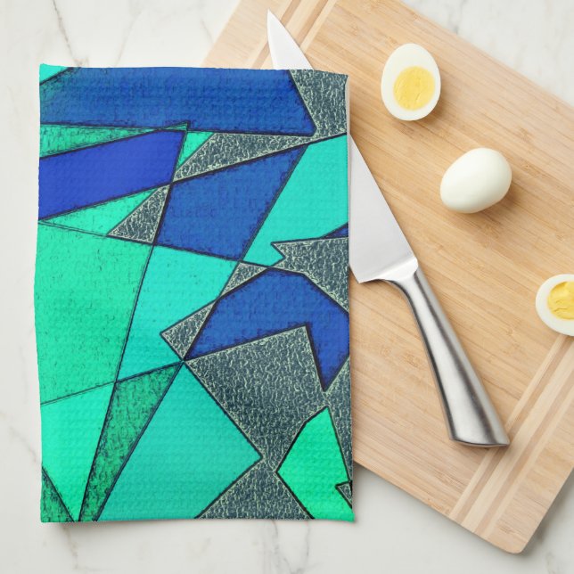 Grüne dreieckige Ausschnitte auf blauem Hintergrun Geschirrtuch (Viertel Falte)