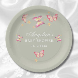 Grüne Dusty Pink Peach Butterfly Babydusche Pappteller
