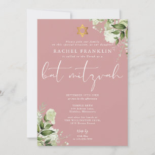 Grüne Dusty Rose Pink Monogramm Bat Mitzwa Einladung