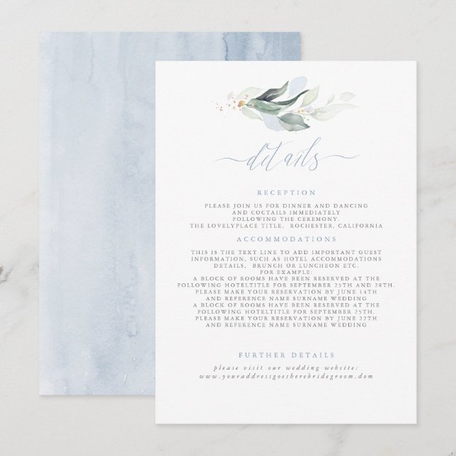 Grüne Elegant Dusty Blue Wedding Details Begleitkarte (Vorne/Hinten)