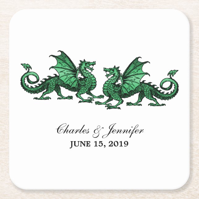 Grüne, elegante Drachen Hochzeitspapier-Untersetze Rechteckiger Pappuntersetzer (Vorderseite)