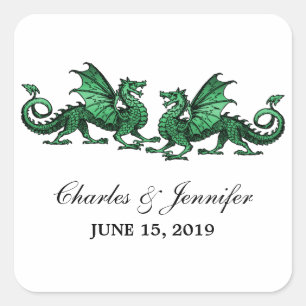 Grüne Elegante Drachen Hochzeitsticker Quadratischer Aufkleber