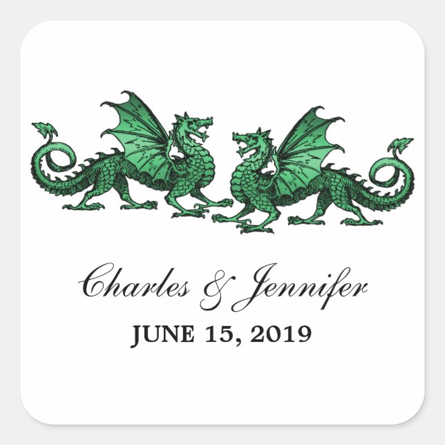 Grüne Elegante Drachen Hochzeitsticker Quadratischer Aufkleber (Vorderseite)