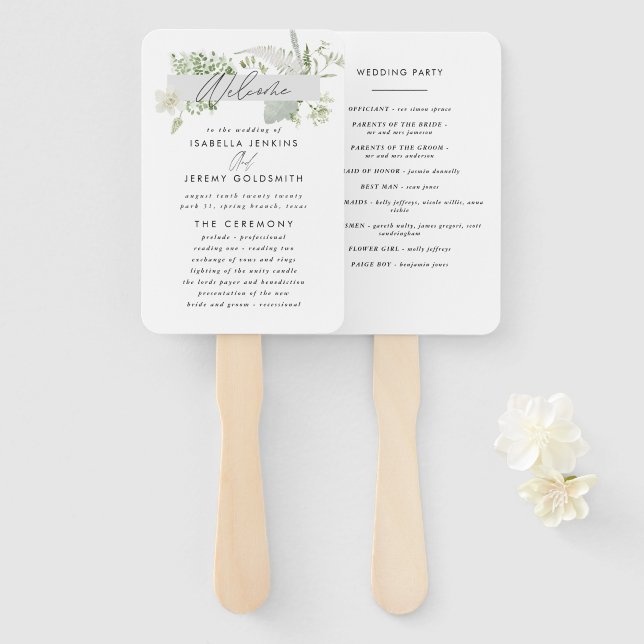 Grüne elegante, moderne botanische Hochzeitshand Fächer (Vorne und Hinten)