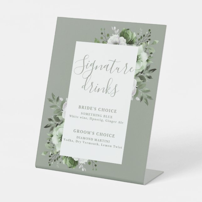 Grüne Elegante Moderne Flora Signature Drinks Sockelschild (Vorderseite)