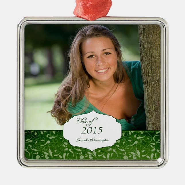 Grüne elegante Muster-Abschluss-Fotoverzierung Silbernes Ornament (Vorne)
