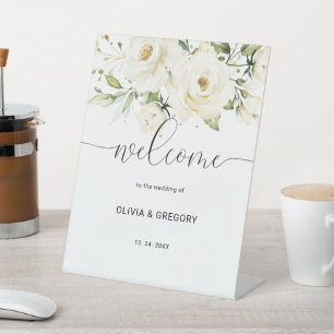 Grüne Elegante Rosenhochzeit Begrüßung Sockelschild