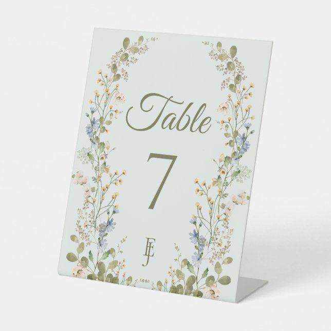Grüne Elegante Wildblume Hochzeit Tischnummer Sockelschild (Vorderseite)