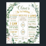Grüne Elephant Birthday Milestone Geburtsstaten Poster<br><div class="desc">Eine perfekte Touch für die erste Geburtstagsparty Ihres Babys! Dieses skurrile, geschlechtsneutrale Eukalyptus Greenery Elephant 1. Geburtstags-Meilensteine Birth Stats Poster ist ideal, um einen Rahmen zu bilden und auf einen Dessert/Kuchen Tisch zu legen und anschließend als Kinderzimmer-Zimmer-Dekoration zu verwenden. Als Foto-Requisite für ganz besondere und unvergessliche Geburtstagsbilder! Es ist auch...</div>