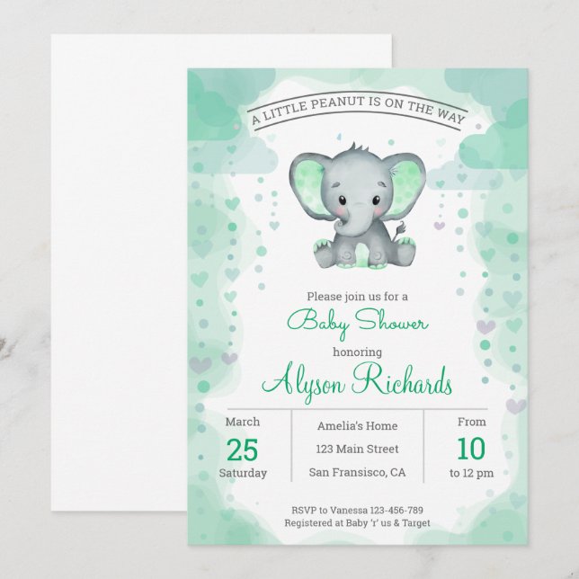 Grüne Elephant Watercolor Kinderdusche Einladung (Vorne/Hinten)