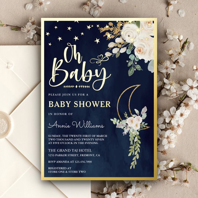 Grüne Elfenbeinblume Navy Baby Dusche Gold Folieneinladung (Von Creator hochgeladen)