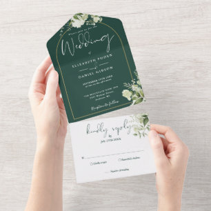Grüne Emeraldgrün und Goldbogen-Hochzeit All In One Einladung
