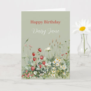 Grüne Erdbeeren Gänseblümchen Blumen Geburtstag Karte