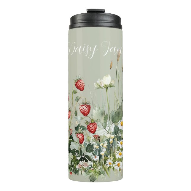 Grüne Erdbeeren Gänseblümchen Blumen Thermosbecher (Vorderseite)