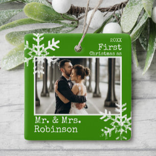 Grüne erste Weihnachten verheiratet Foto Keramikornament