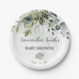 Grüne Eucalyptus Baby Dusche Runde Pappteller