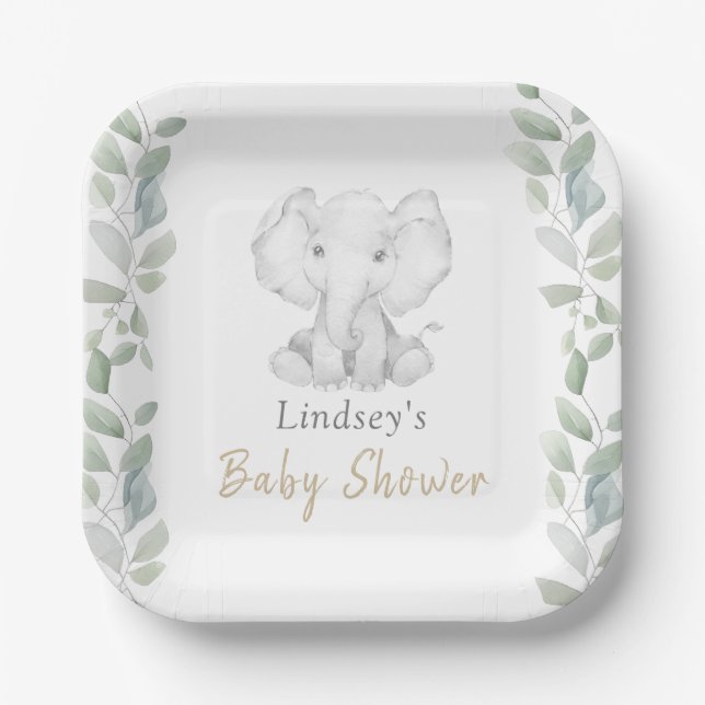 Grüne Eucalyptus Kleine Elephant Babydusche Pappteller (Vorderseite)
