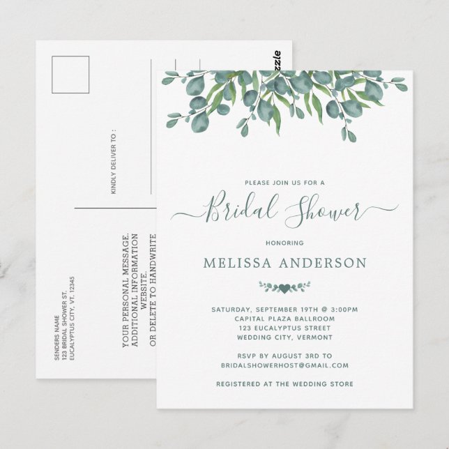 Grüne Eucalyptus Sage Bridal Dusche Einladung Postkarte (Vorne/Hinten)