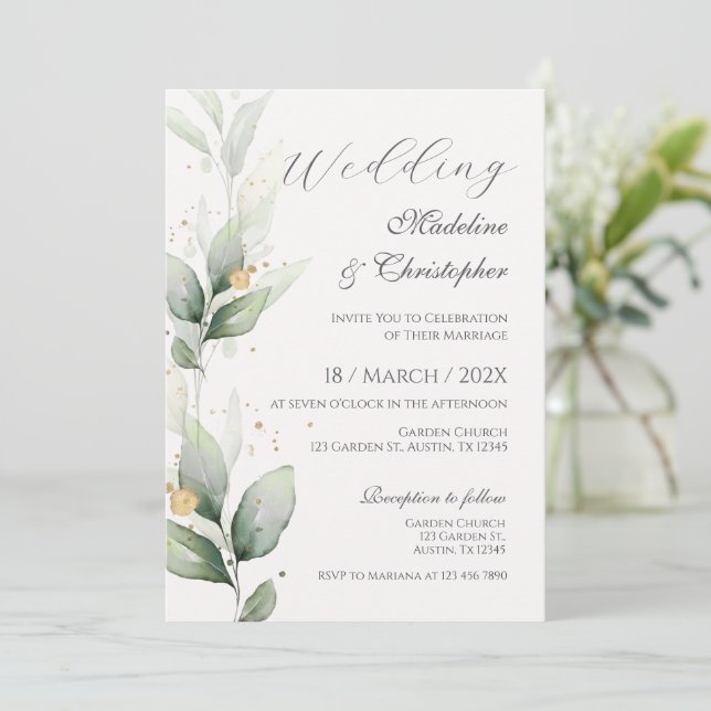 Grüne Eucalyptus Wedding Einladung (Stehend Vorderseite)