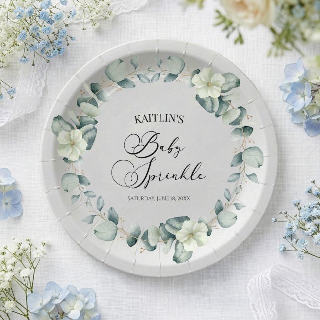 Grüne Eukalyptus-Blätter Botanical Baby Sprinkle Pappteller (Von Creator hochgeladen)