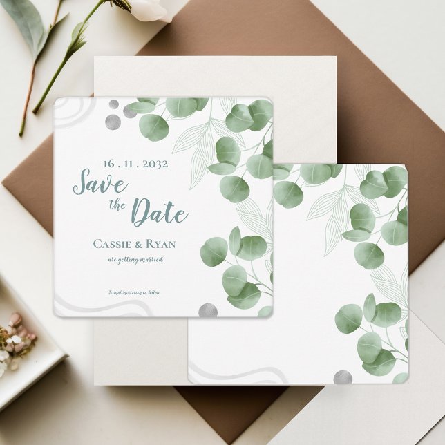 Grüne Eukalyptus-Blätter Hochzeit Sichern Sie das  (Greenery Eucalyptus Leaves Wedding Save the Date Invitation)