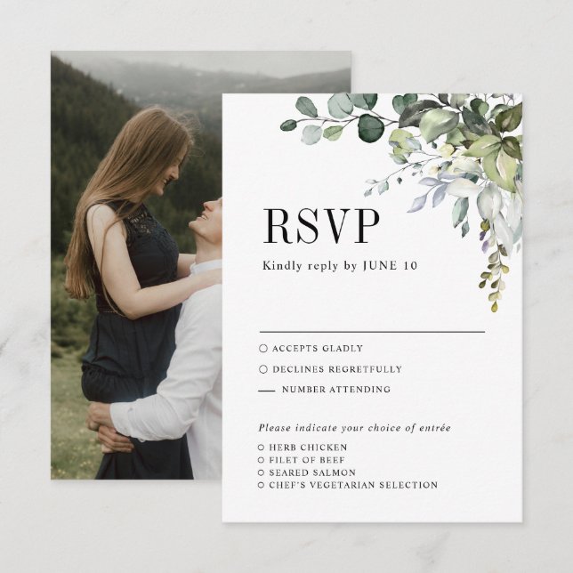 Grüne Eukalyptus Botanische Mahlzeit Hochzeit RSVP Karte (Vorne/Hinten)