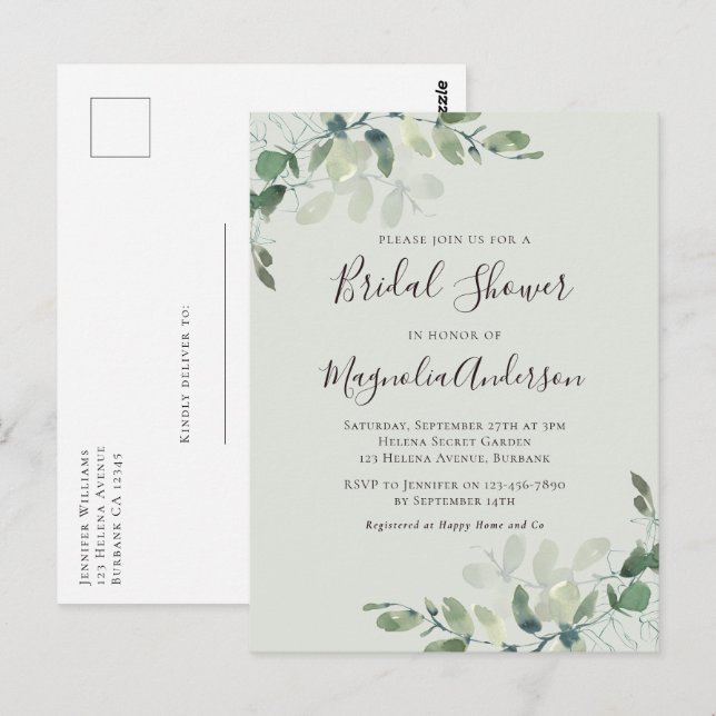 Grüne Eukalyptus Bridal Dusche Einladung Postkarte (Vorne/Hinten)