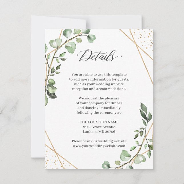 Grüne Eukalyptus Geometric Wedding Details Card (Vorderseite)