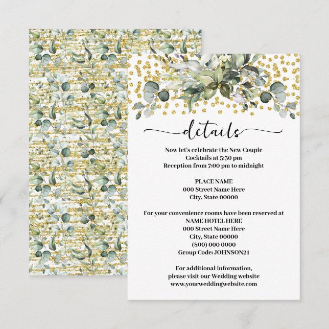 Grüne Eukalyptus Gold Glitzer Hochzeiten Details Begleitkarte (Vorne/Hinten)