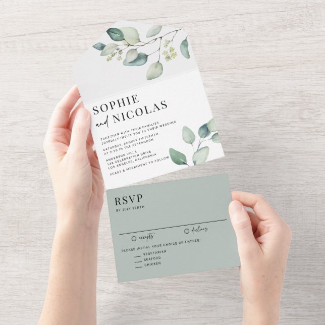 Grüne Eukalyptus-Hochzeit All In One Einladung (Abreißtisch)