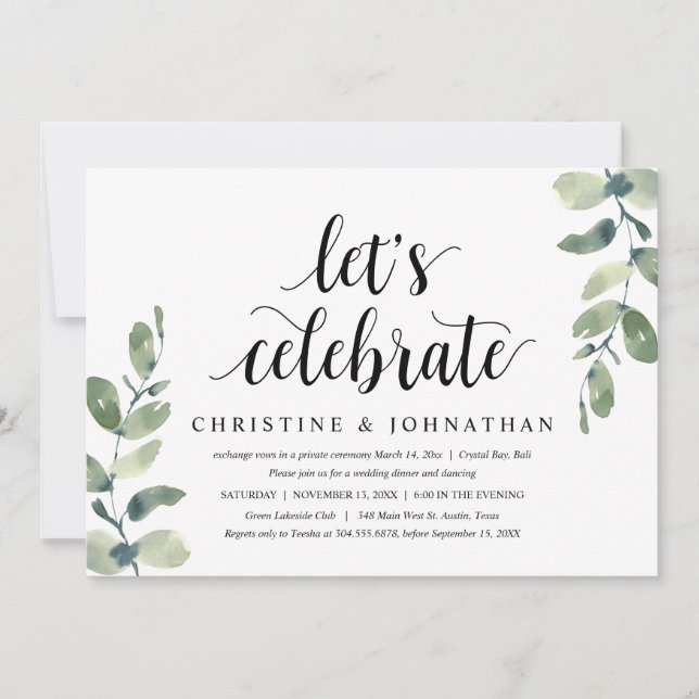 Grüne Eukalyptus, Hochzeitliches Elopement Party Einladung (Vorderseite)