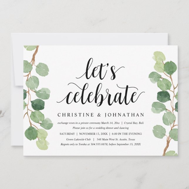 Grüne Eukalyptus, Hochzeitliches Elopement Party Einladung (Vorderseite)