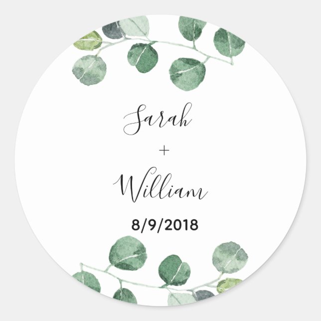 Grüne Eukalyptus-Hochzeitsticker Runder Aufkleber (Vorderseite)