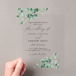 Grüne Eukalyptus in Weißschrift Hochzeit Acryleinladungen