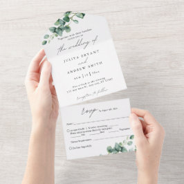 Grüne Eukalyptus in Weißschrift Hochzeit All In One Einladung