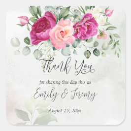 Grüne Eukalyptus magenta peony Rose bevorzugen Ges Quadratischer Aufkleber