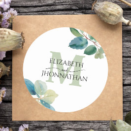Grüne Eukalyptus mit Monogramm Hochzeit Runder Aufkleber