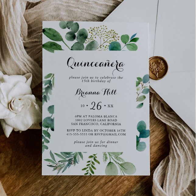 Grüne Eukalyptus Moderne Kalligrafie Quinceañera Einladung (Von Creator hochgeladen)