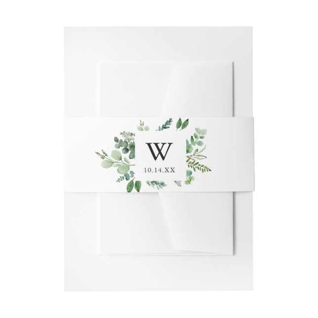 Grüne Eukalyptus Monogram-Einladung zur Hochzeit Einladungsbanderole (Vorderseite Beispiel)