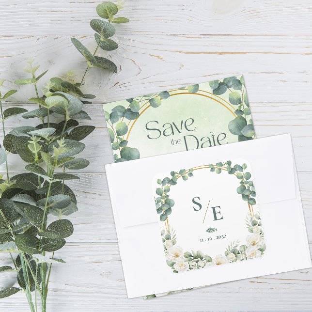 Grüne Eukalyptus-Monogramm Botanische Hochzeit Quadratischer Aufkleber (Greenery Eucalyptus Monogram Botanical Wedding Square Sticker)