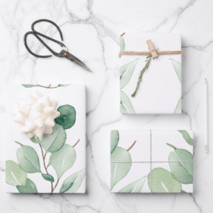 Grüne Eukalyptus-Pastellfarben-Blätter Geschenkpapier Set